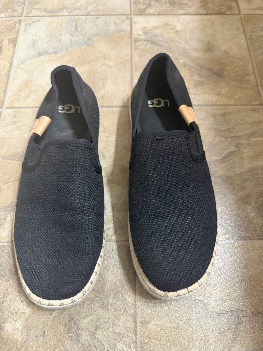 UGG Women’s Black Canvas Slip-On Loafers with Tan Heel Tab